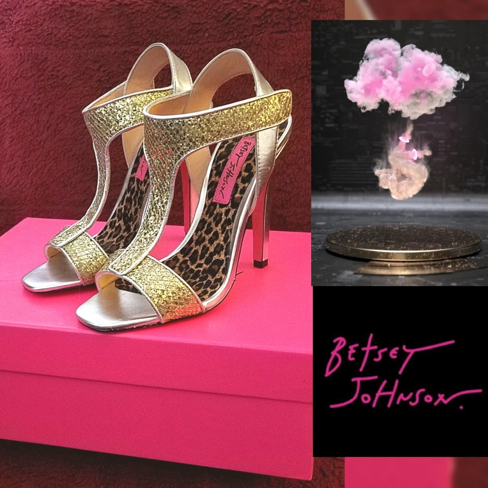 New inBox RARE Orig Betsey Johnson  Pink Bottom T-Strap Gold Silver Heels 5.5, 6